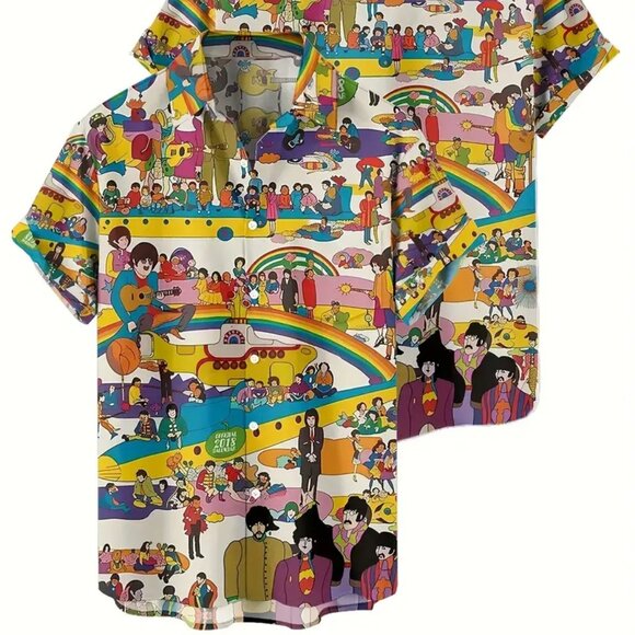 Retro Graphic Print Short Sleeve The Beatles Button Down Shirt Size: XL - Picture 3 of 4